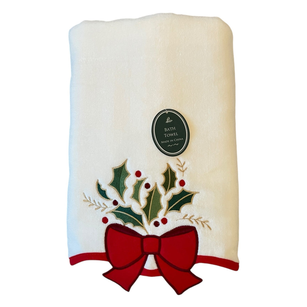 Wellesley Manor Christmas Decorative Bath Towel Embroidered Holly Red Bow New